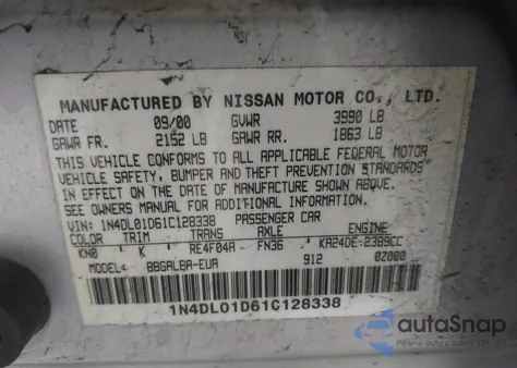 2001 Nissan Altima Gxe from USA, damaged, VIN 1N4DL01D61C128338